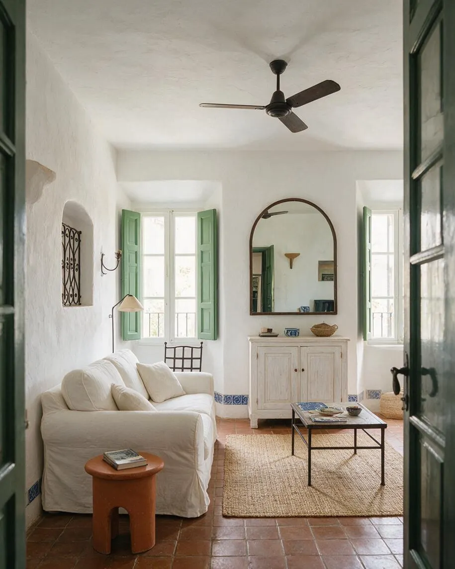 A bright Mediterranean-style living room with white plaster walls, terracotta tile flooring, and mint green shutters framing tall windows. The space includes a slipcovered white sofa, a woven jute rug, a small metal coffee table, a cream cabinet with an arched mirror above it, and a ceiling fan overhead.