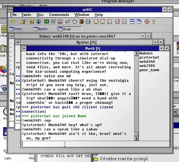 The image displays a chat interface from the mIRC application showing a conversation in an IRC channel.