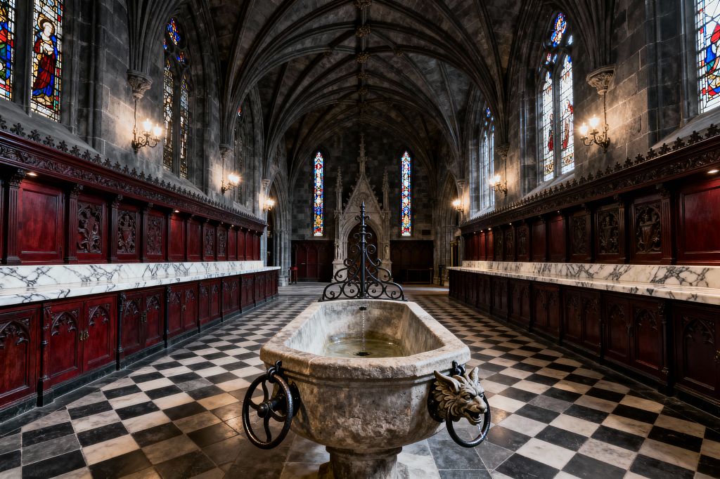 A long, cathedral-like laundry room features a high ribbed stone vault, black-and-white checkerboard floor, and a central limestone trough fountain with wrought-iron detailing and gargoyle handles. Both sides are lined with carved dark red wood cabinets topped by gray-veined white marble counters, illuminated by candle-style brass wall sconces and tall stained-glass windows that cast colored light across charcoal stone surfaces.