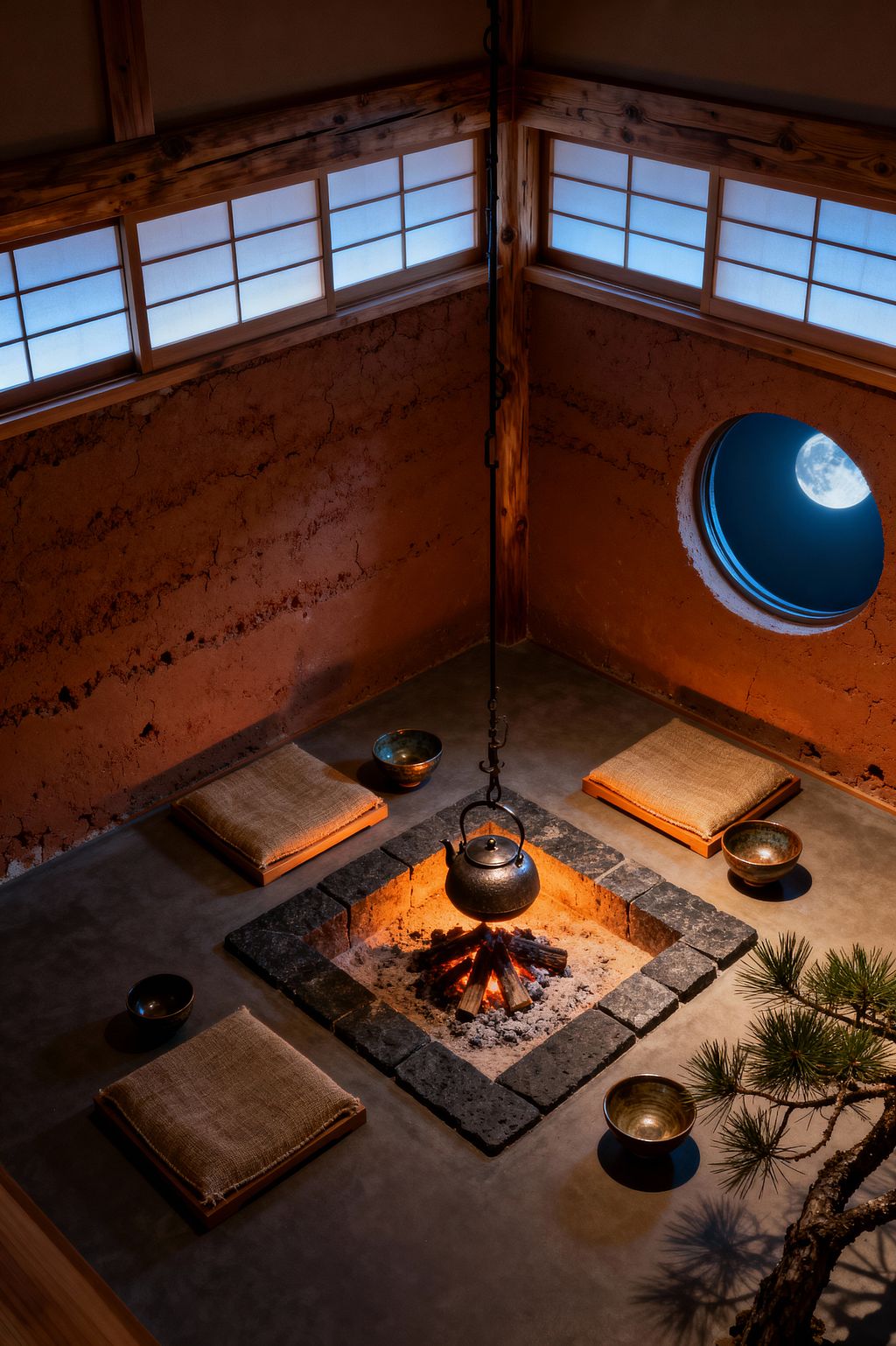 A Japanese-style dining room centers on a sunken irori hearth lined with dark stone, where a cast-iron kettle hangs from a chain and four low woven cushions on wooden bases surround the fire on a smooth concrete floor with small ceramic bowls. Earthen clay plaster walls and cedar trim meet shoji screens, while a round moon-viewing window frames the night sky, balancing warm firelight with cool blue exterior light to create a calm, intimate setting.