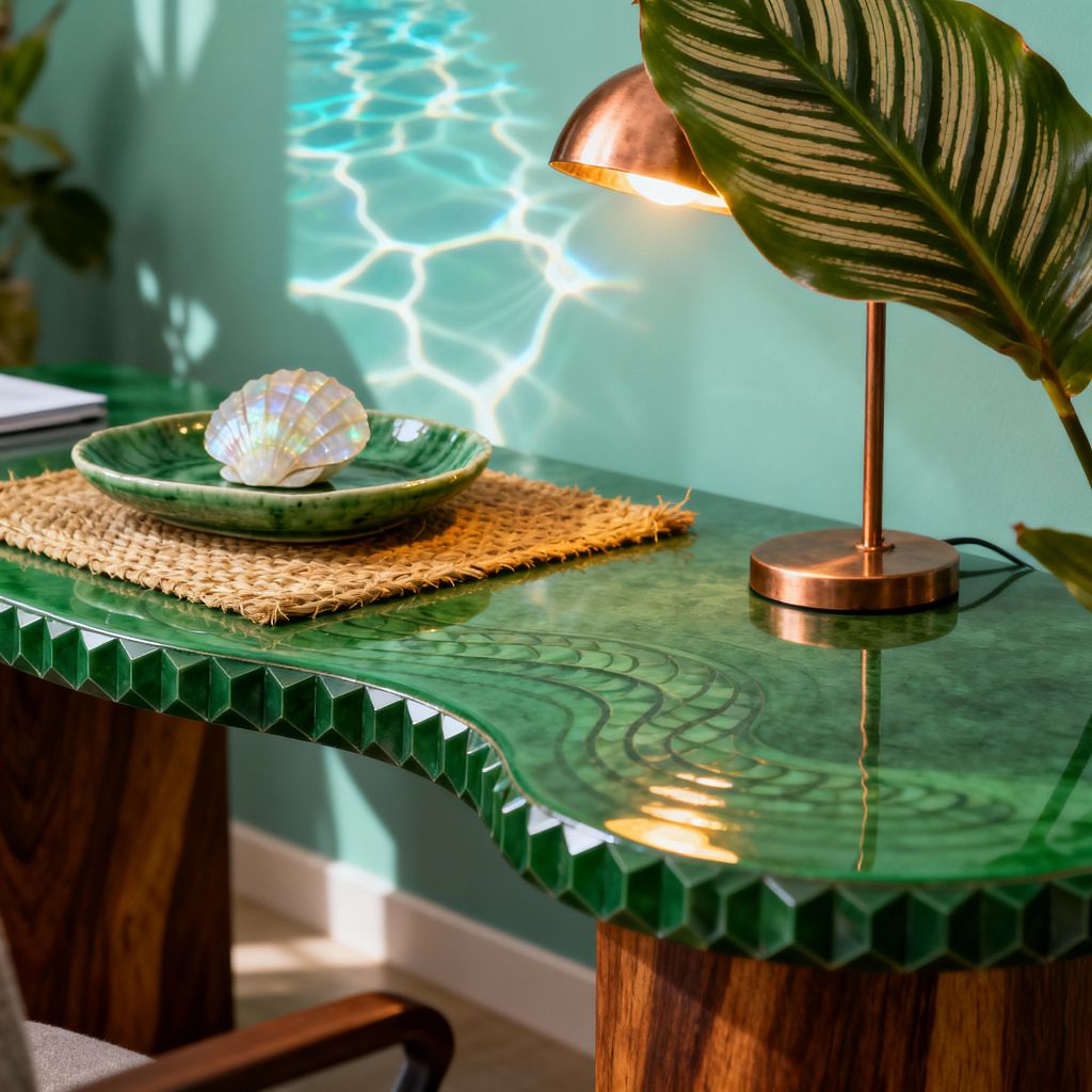 Close-up of a tropical home office desk with a glossy emerald-green, wavy-edged surface over wood legs, set against an aqua wall. A copper dome desk lamp illuminates a large tropical leaf, while water-like sunlight reflections ripple across the wall. On the desk sits a woven seagrass mat topped with a green ceramic dish holding an iridescent shell. A notebook and plant leaves are partially visible, completing the clean, coastal-inspired workspace.