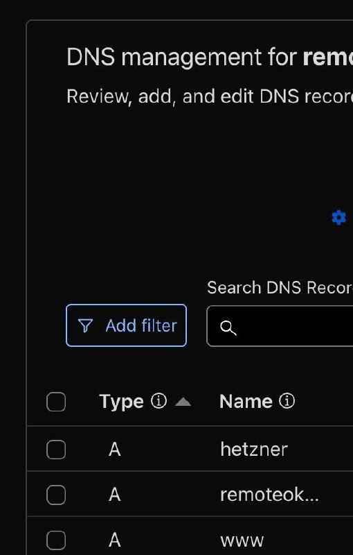 The image displays a DNS management interface for the domain 'remoteok'.