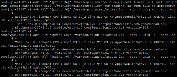 A terminal window displaying command-line outputs related to log file access and user agent strings.