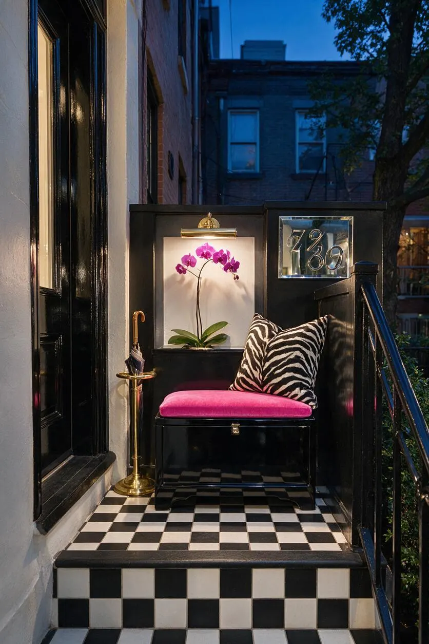A small front porch styled in Hollywood Regency fashion with glossy black trim, a black-and-white checkerboard tile floor, and a black bench topped with a hot pink cushion and zebra-print pillow. A brass umbrella stand and a lit orchid arrangement add luxe decorative accents beside a mirrored house number plaque.