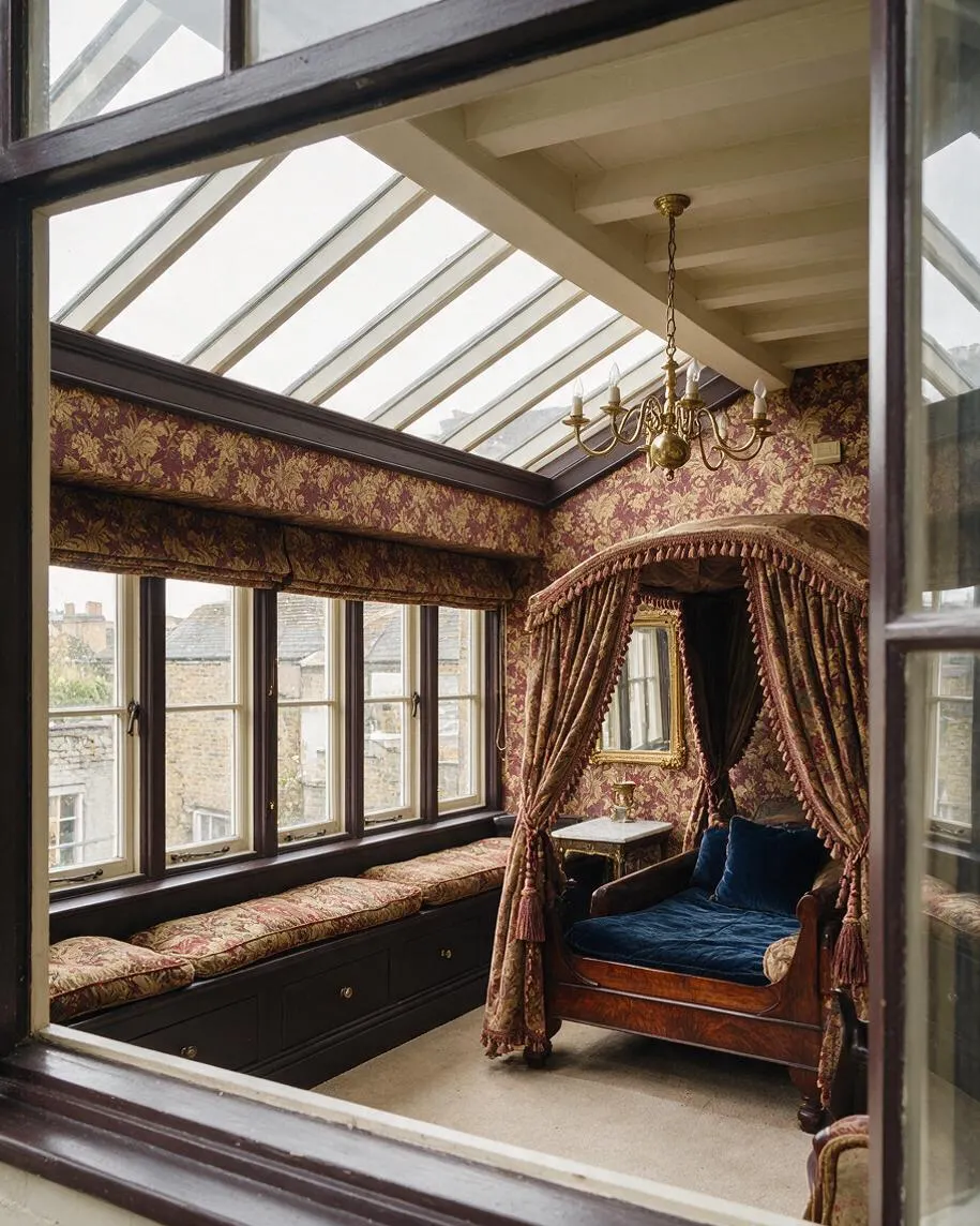 A Victorian-style sunroom with a glass roof, floral wallpaper, and dark wood window frames. The room features a built-in window seat with patterned cushions, a carved wooden daybed with a tasseled draped canopy, and a brass chandelier hanging from the ceiling.