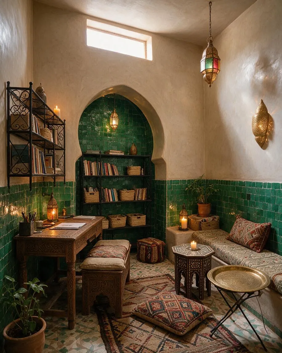 A cozy Moroccan-style basement lounge with cream plaster walls, a tall arched niche lined in glossy green tile, and ornate brass lanterns hanging from the ceiling and wall. The room includes carved wooden furniture, a low cushioned bench, patterned floor rugs and pillows, shelves of books and woven baskets, and a small desk lit by candles.