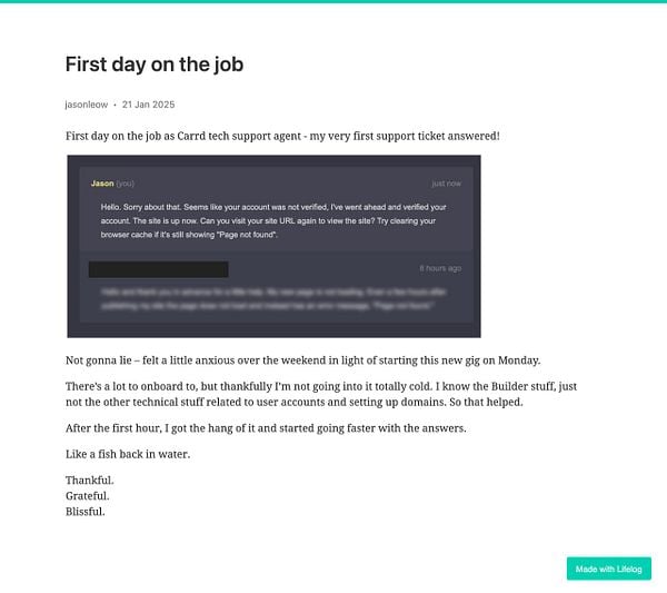 A screenshot of a support ticket conversation on the first day of a new job.