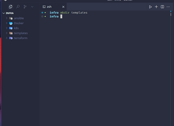 A terminal interface displaying a command to create a directory named 'templates' within an 'infra' folder.