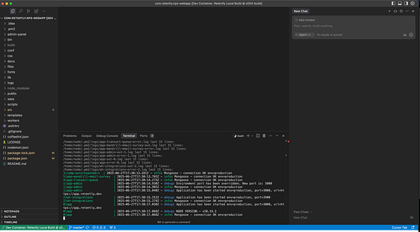 The image displays a Visual Studio Code interface with a terminal showing logs related to the Retently main app repository.
