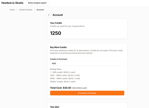 The image displays a user interface for managing credits in the Heatbot.io Studio account.
