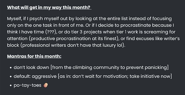 The image features a text-based reflection on personal goals and challenges for the month, presented in a structured format.