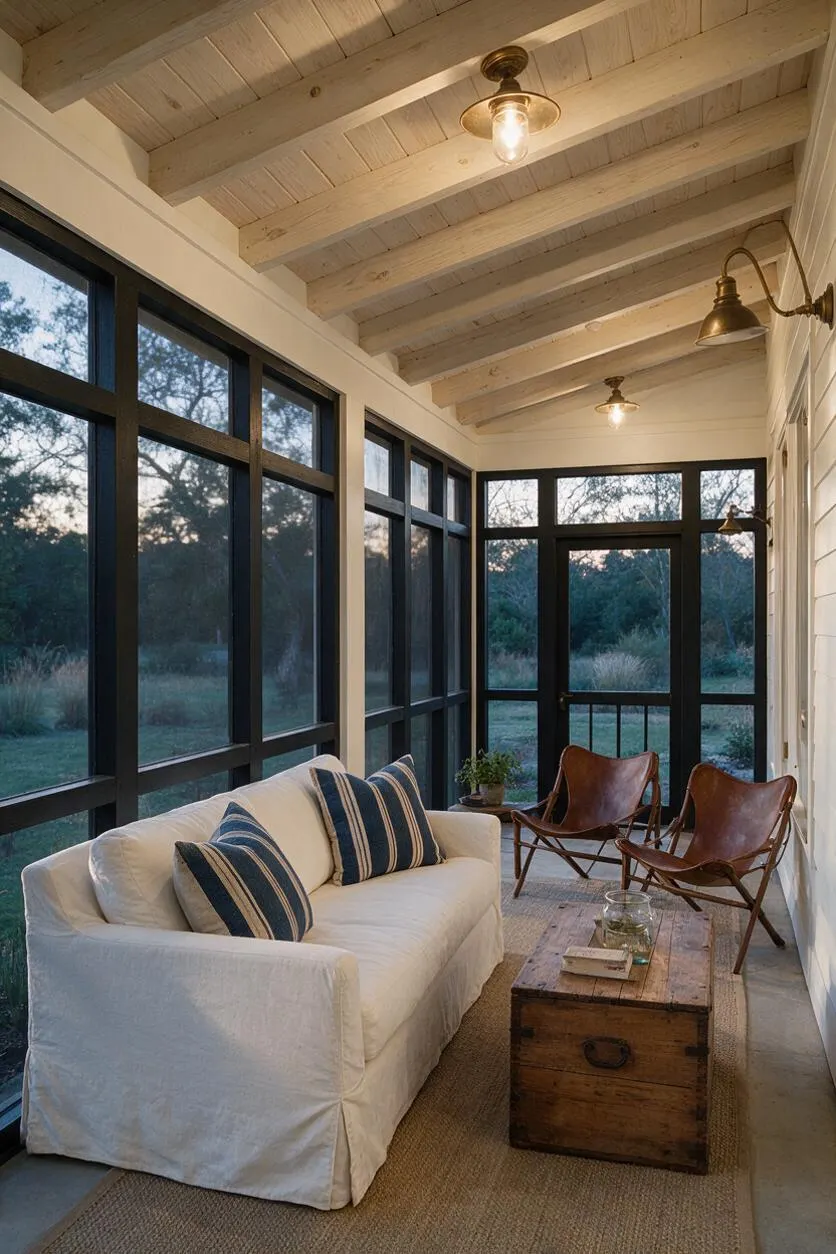 A covered farmhouse-style backyard porch with white-painted exposed ceiling beams, black-framed screened windows, and warm brass light fixtures. The space includes a white slipcovered sofa with blue striped pillows, two brown leather sling chairs, and a rustic wooden trunk coffee table on a natural jute rug.