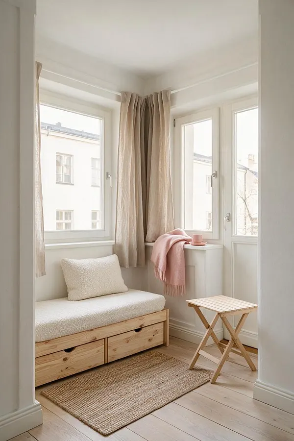 A bright Scandinavian-style sunroom with white walls, large corner windows, and sheer beige curtains. A light wood bench with a textured cream cushion sits beside a small folding wood table, a pink throw draped over the ledge, and a woven jute rug on pale wood flooring.