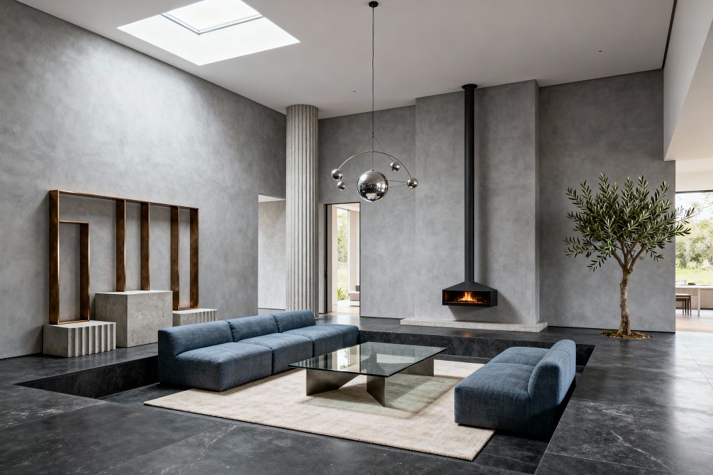 A contemporary living room with a sunken seating area features two low blue modular sofas facing a square glass coffee table on an ivory rug, all set within dark stone flooring. Smooth gray microcement walls frame a wall-mounted black fireplace with a tall flue; a mirrored-sphere chandelier hangs beneath a skylight, a fluted column and bronzed sculptural frames sit to the left, and an indoor olive tree stands near a large window.