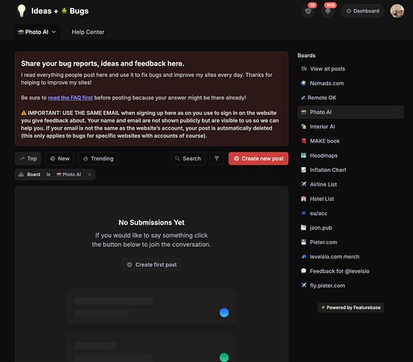 The image displays a user interface for submitting bug reports and feature requests related to a project called Photo AI.