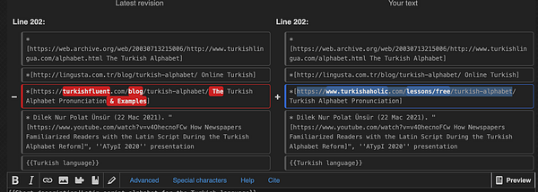 The image displays a side-by-side comparison of two text revisions in a markdown editor.