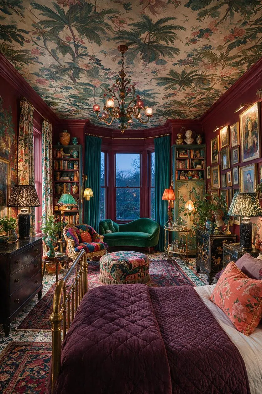 A richly decorated master bedroom with a brass bed dressed in deep plum bedding and coral floral pillows, layered over patterned rugs. The room features burgundy walls, a tropical palm-print ceiling, teal velvet curtains, a green chaise, many framed artworks, bookshelves, table lamps, and ornate accessories, creating a lush maximalist atmosphere.