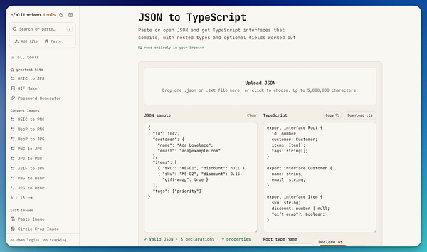 Web tool interface converting JSON data input into TypeScript interfaces with side-by-side panels and navigation menu.