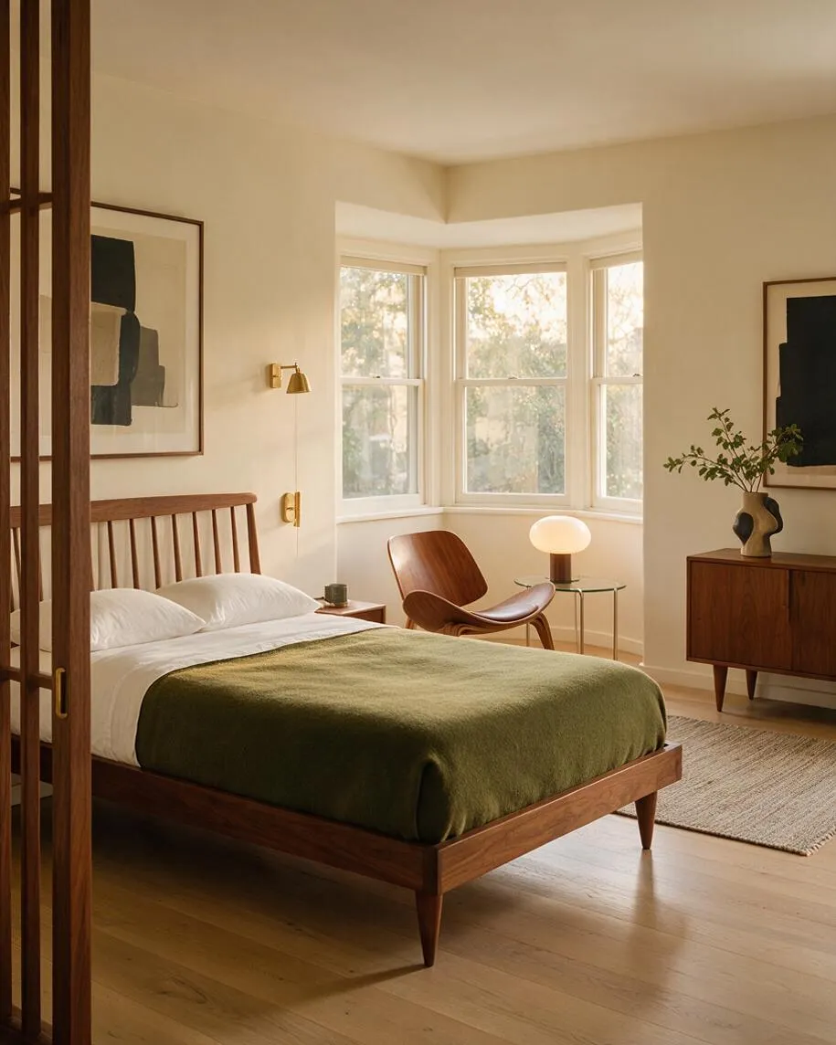 A mid-century modern guest bedroom with a walnut platform bed, white bedding, and an olive green throw centered in a bright room. A curved leather lounge chair, globe table lamp, framed abstract art, and a walnut dresser complete the calm, sunlit space.