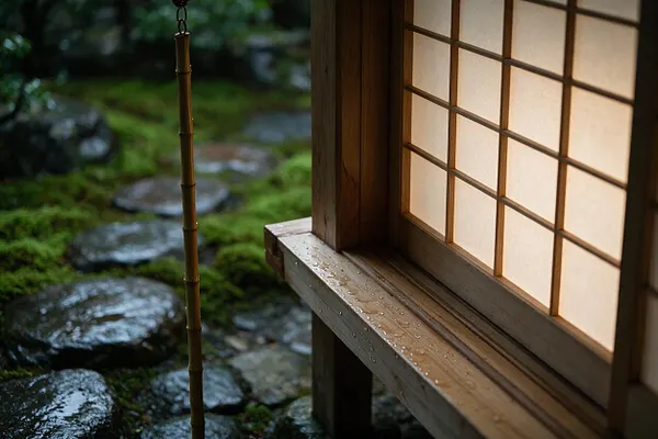 A Japanese Zen-style exterior with a glowing shoji window framed in dark wood, a narrow wet ledge with raindrops, and a mossy stone garden in the background. A slender bamboo pole stands beside the structure, reinforcing the natural, tranquil atmosphere.