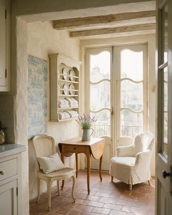 A bright French Country sunroom with whitewashed plaster walls, exposed rustic ceiling beams, and tall French doors opening to a soft outdoor view. The room includes a small wooden table with a vase of lavender, a woven cane chair with a striped cushion, and an upholstered armchair, all set over warm terracotta tile flooring.