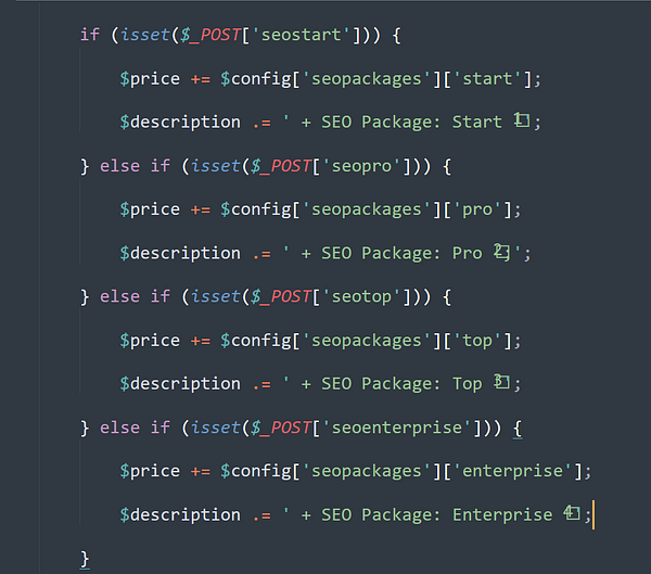 The image displays a snippet of PHP code related to SEO package pricing and descriptions.