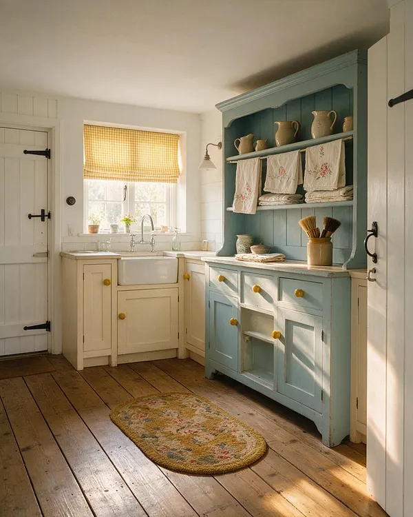 A bright cottagecore laundry room with white paneled walls, a farmhouse sink beneath a window with a yellow gingham blind, and a pale blue built-in cabinet displaying pitchers, folded linens, and floral towels. Wide wood plank floors and a small floral rug add warmth and rustic charm.