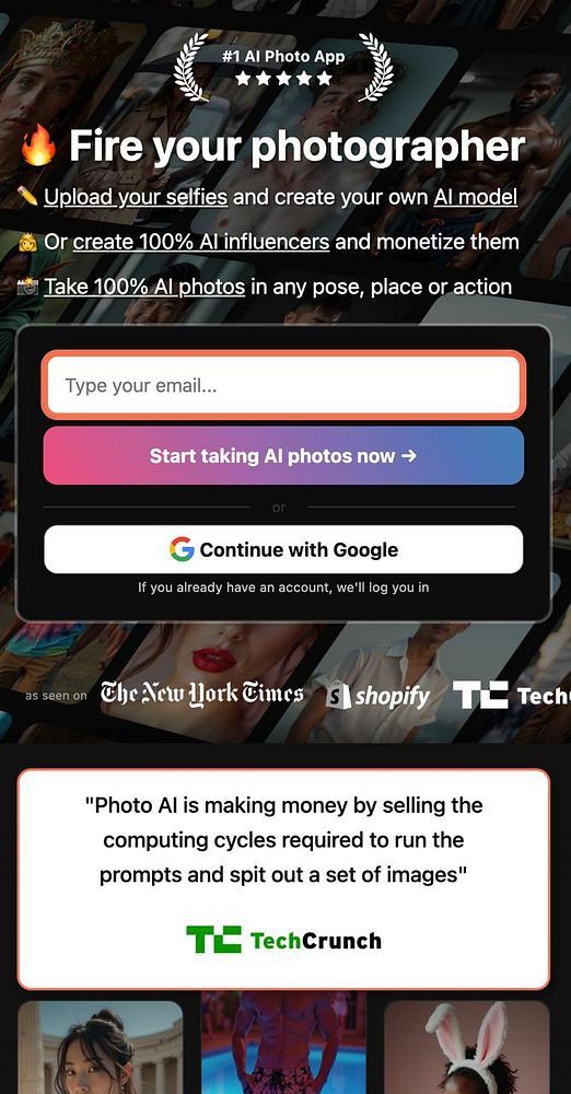 The image displays a promotional landing page for an AI photo app with various features and user options.