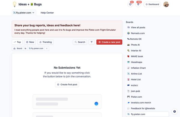 The image displays a user interface for submitting ideas and bug reports for the fly.pieter.com platform.