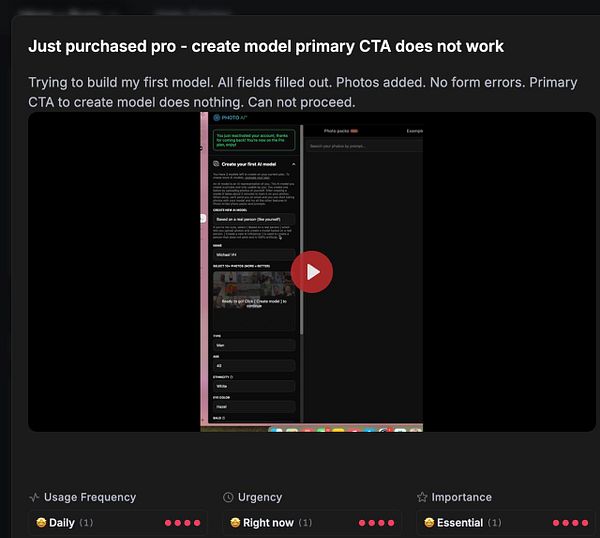 The image displays a user interface for creating an AI model, highlighting an issue with the primary call-to-action button not functioning.