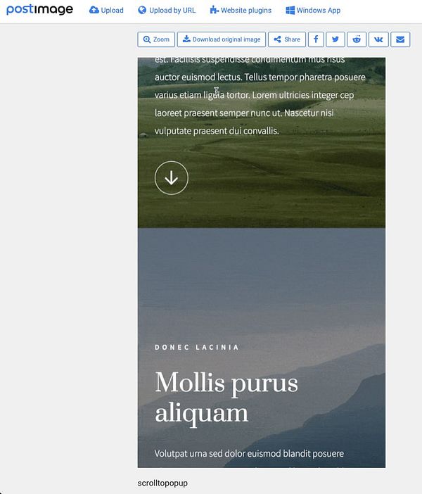 The image displays a webpage from Postimage featuring a scroll-to-popup plugin.