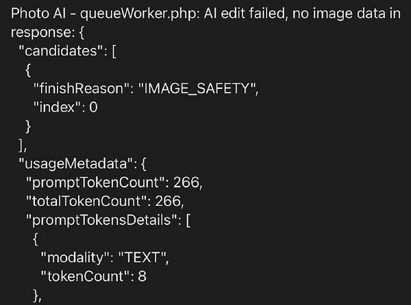 The image displays a technical error message related to an AI editing process.