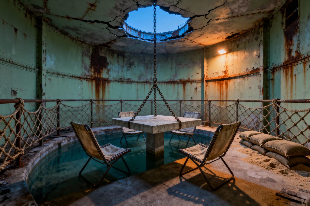 Inside a circular, rusting metal chamber, a suspended square concrete table hangs by chains over a narrow moat of water, surrounded by four khaki canvas sling chairs on a concrete deck. Distressed mint-green steel walls, rope safety railings, stacked sandbags, a cracked oculus revealing blue sky, and a single warm industrial wall light create a stark, bunker-like dining scene with utilitarian materials and visible corrosion.