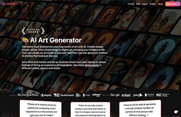 The image promotes an AI Art Generator app, showcasing various artistic transformations of photos.