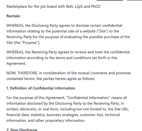 The image displays a legal document outlining the terms of a Non-Disclosure Agreement (NDA).