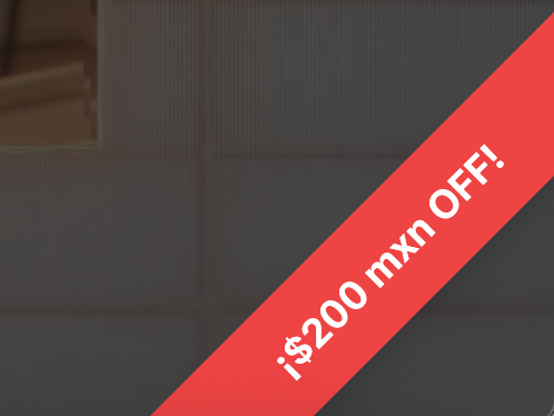 A promotional ribbon displaying a discount is prominently featured on a textured background.