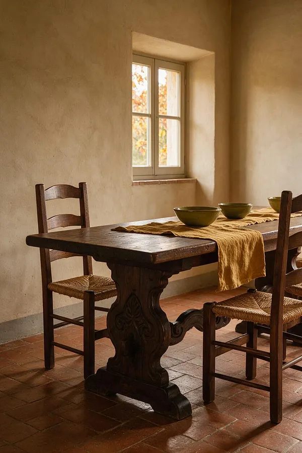 A rustic Mediterranean dining nook with a dark carved wooden table, woven-seat chairs, and olive-green bowls on a mustard linen runner. Soft beige plaster walls, a small window with autumn light, and terracotta tile flooring create a warm, timeless atmosphere.