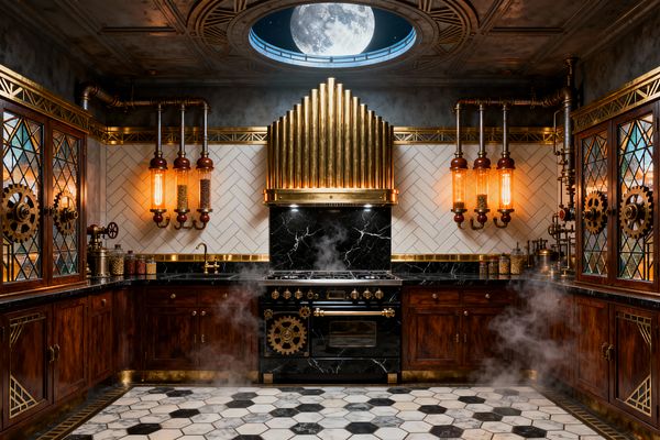 An ornate steampunk kitchen centers on a black range beneath a ribbed brass hood, with a black marble backsplash, white herringbone tiles, and a slim brass rail. Exposed copper pipes support glowing tube sconces, and rich walnut cabinets feature brass inlays and leaded stained-glass doors with gear medallions. A black-and-white hex marble floor grounds the space, while an oculus skylight showing the moon and wisps of steam heighten the theatrical, industrial mood.