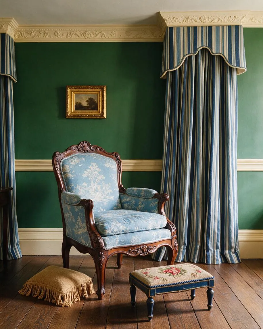 A traditional sitting room features a carved wood armchair upholstered in pale blue patterned fabric, set against deep green walls with ornate cream molding. Blue-and-white striped drapes frame the room, while a small floral footstool and a fringed floor cushion sit on a polished wood floor.