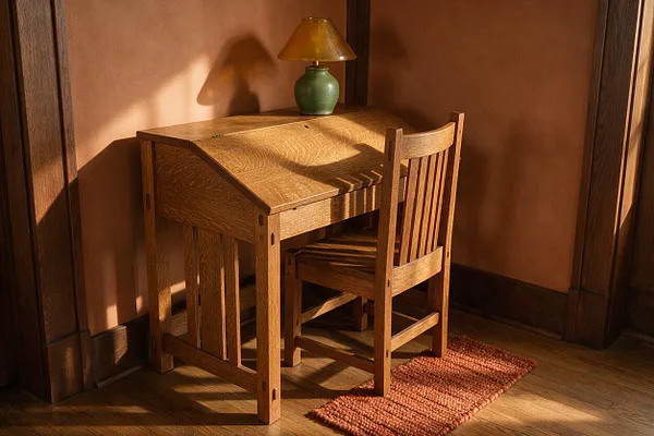 A small Craftsman-style writing nook with a folding oak desk and matching wooden chair set against warm brown walls and dark wood trim. A green ceramic table lamp with a golden shade sits on the desk, and a small rust-colored rug rests on the wood floor in the sunlight.