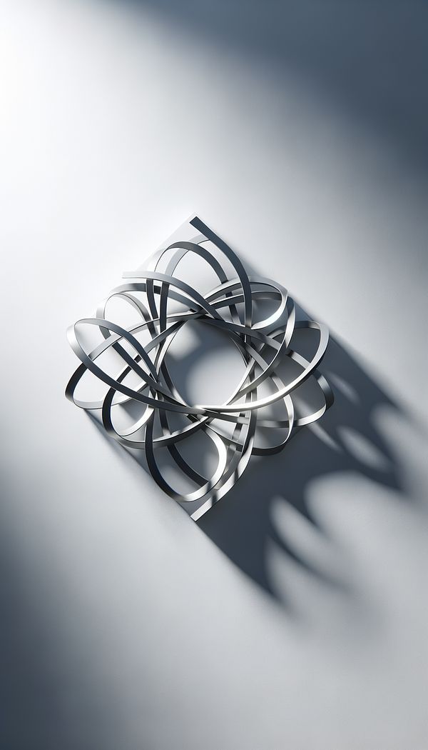 A stunning, abstract metal wall sculpture mounted on a white wall, subtly illuminated by focused lighting, creating an interplay of shadows and highlights.