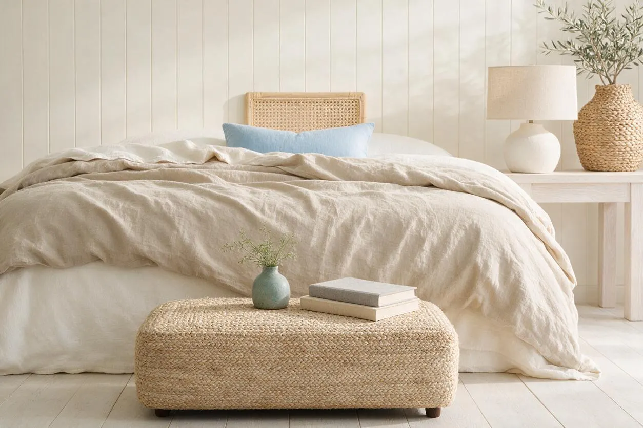 A serene coastal-style bedroom with a low bed dressed in layered cream and beige bedding, a cane headboard, and a pale blue accent pillow. In front sits a woven ottoman with a small vase and books, while a light wood side table holds a lamp and a basket vase with greenery.