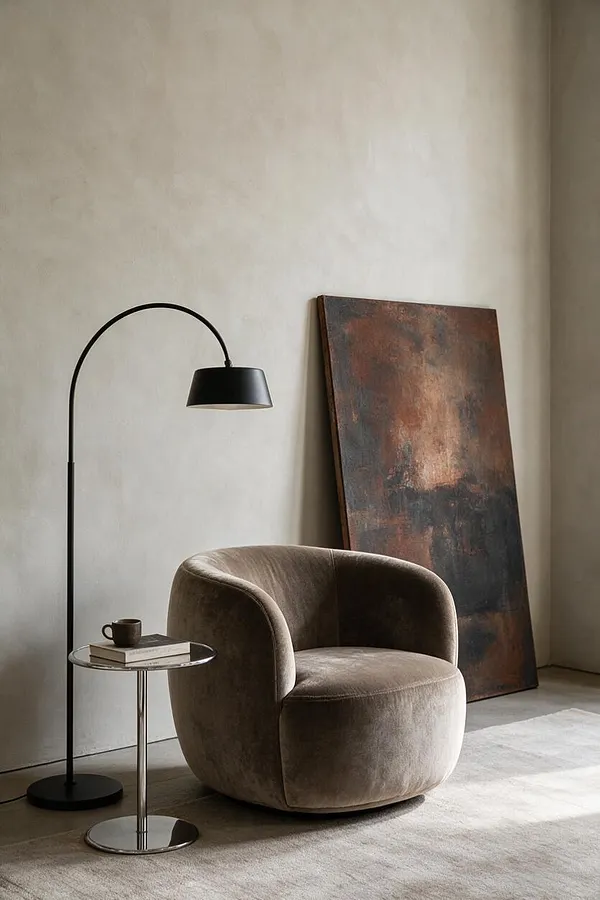 A modern seating vignette features a rounded taupe velvet armchair beside a slim black arched floor lamp and a small chrome side table with books and a cup. A large abstract painting in dark rust and charcoal leans against a textured beige wall over a pale rug.