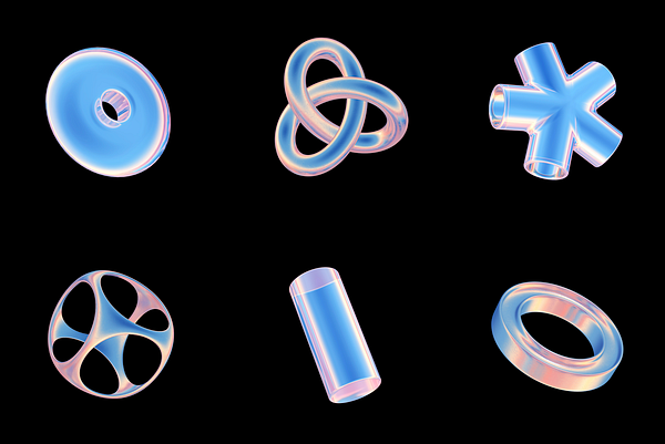 The image features a collection of six abstract, translucent 3D shapes against a black background.