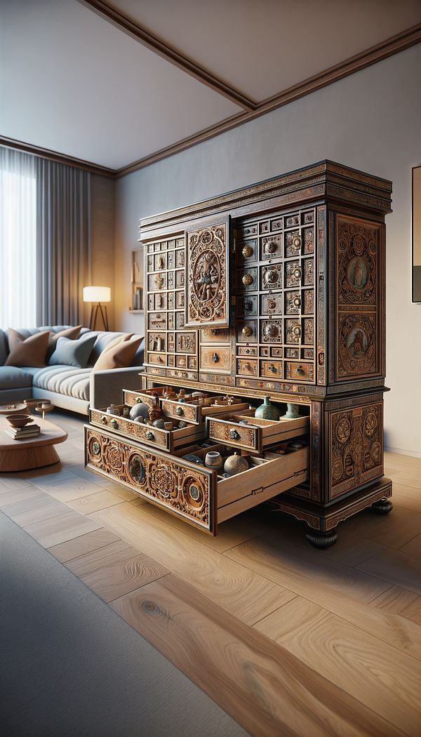 A beautifully decorated wooden vargueno, open to reveal its intricate compartments and drawers, placed in a contemporary living room setting.