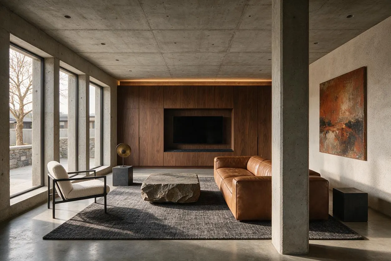 A Brutalist media room with a raw concrete ceiling and columns, floor-to-ceiling windows on the left, and a wall of walnut wood cabinetry framing a recessed television. The room includes a caramel leather sofa, a cream lounge chair, a rough stone coffee table, a dark area rug, and a large abstract painting on the right wall.
