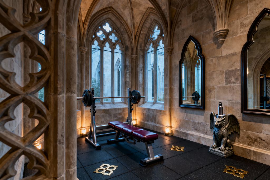 A compact home gym sits inside a Gothic stone room with ribbed vaults, pointed arches, and tall windows filled with quatrefoil tracery. A steel bench press with burgundy leather pads rests on black rubber tiles detailed with gold quatrefoils. Warm uplights wash the columns, two pointed-arch mirrors line one wall, and a carved gargoyle pedestal holds a water bottle, while views of an exterior stone facade appear through the windows.