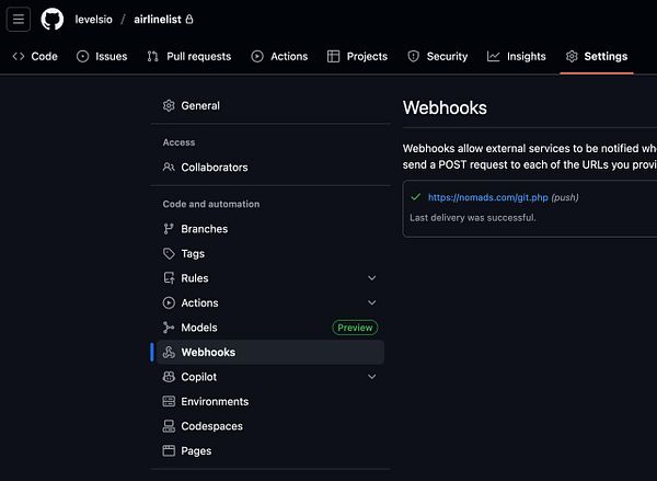 The image displays the GitHub settings page for the 'airlinelist' repository, focusing on the Webhooks section.