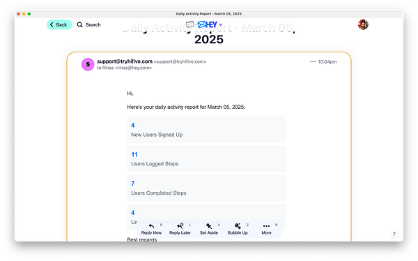 An email report detailing daily activity statistics for March 5, 2025.