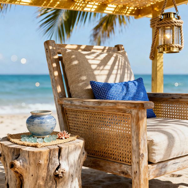 A coastal patio vignette on the sand features a weathered wood lounge chair with cane rattan panels and beige linen cushions beneath a slatted canopy casting palm-filtered shade. A blue patterned pillow adds contrast, while a driftwood stump table holds a woven seagrass mat, blue-glazed vase, sea glass, and coral; a brass lantern with a rope handle hangs nearby against an ocean and palm backdrop.